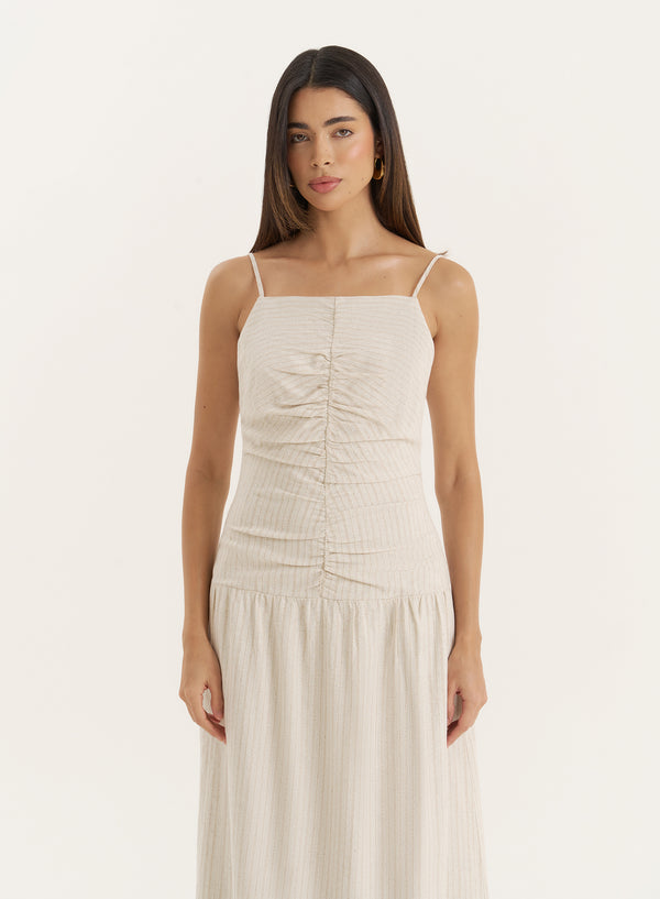 4th & Reckless Beige Stripe Ruched Detail Drop Waist Dress- Fliss