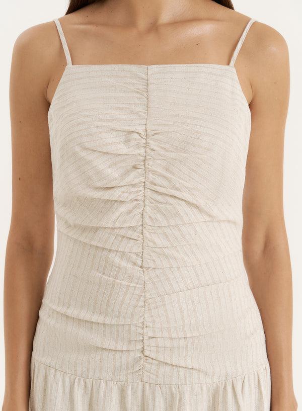 4th & Reckless Beige Stripe Ruched Detail Drop Waist Dress- Fliss