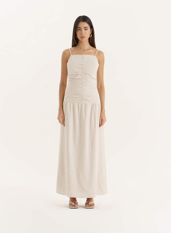4th & reckless Beige Stripe Ruched Detail Drop Waist Dress- Fliss