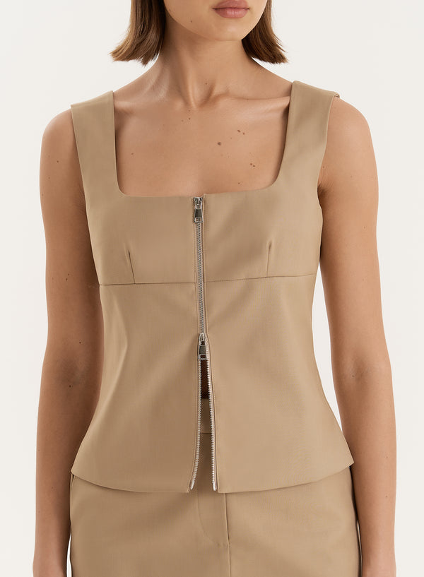 4th & Reckless Beige Tailored Sleeveless Zip Detail Top- Terry