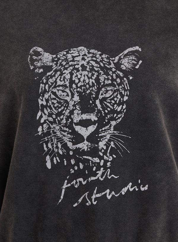 4th & Reckless Black Acid Wash Leopard Motif Oversized Sweatshirt- Cara