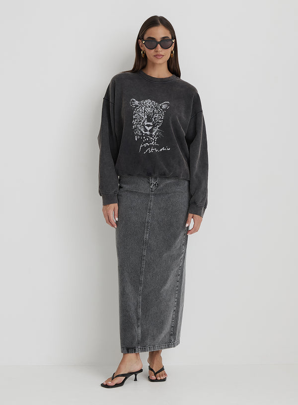 4th & Reckless Black Acid Wash Leopard Motif Oversized Sweatshirt- Cara