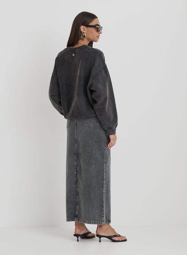 4th & Reckless Black Acid Wash Leopard Motif Oversized Sweatshirt- Cara