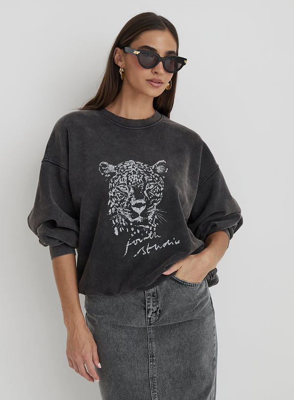4th & reckless Black Acid Wash Leopard Motif Oversized Sweatshirt- Cara