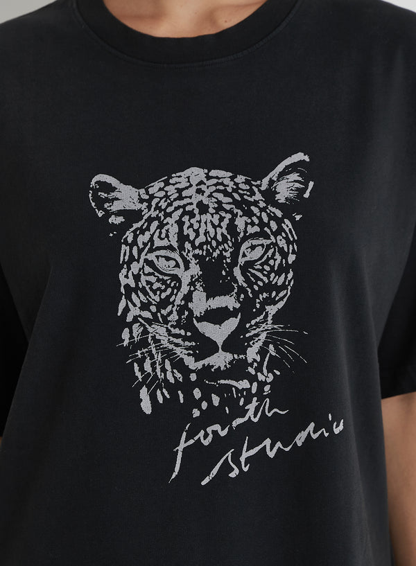 4th & Reckless Black Acid Wash Leopard Motif T-Shirt- Leo