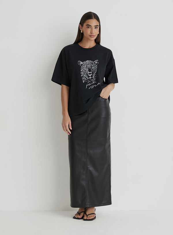 4th & Reckless Black Acid Wash Leopard Motif T-Shirt- Leo