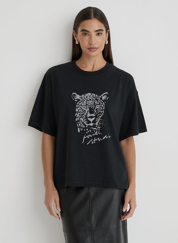 4th & reckless Black Acid Wash Leopard Motif T-Shirt- Leo