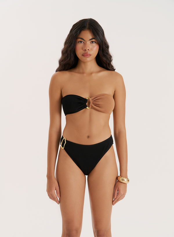 4th & reckless Black And Chocolate Crinkle Bandeau Bikini Top- Cecelia