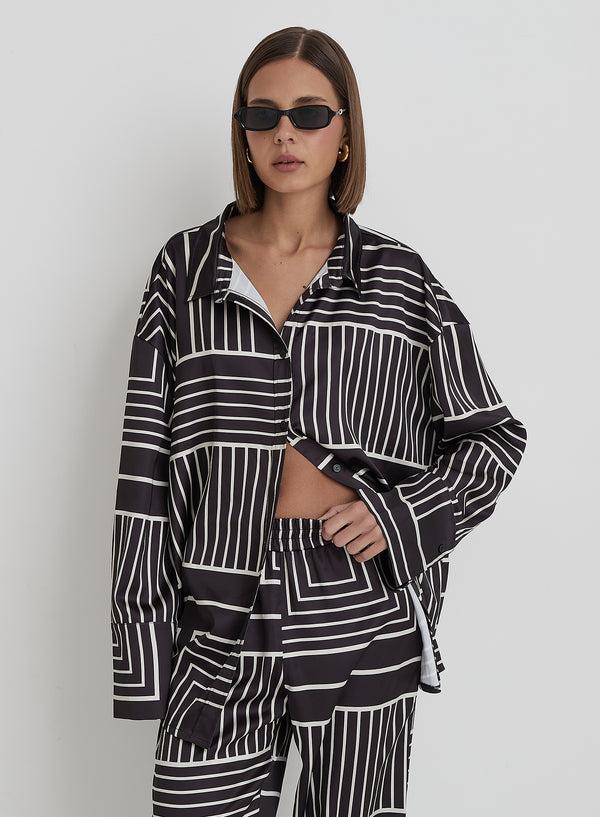 4th & reckless Black And Cream Abstract Print Oversized Satin Shirt- Kora