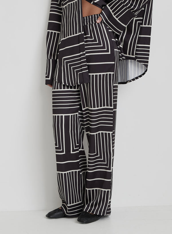 4th & Reckless Black And Cream Abstract Print Relaxed Satin Trouser- Kora