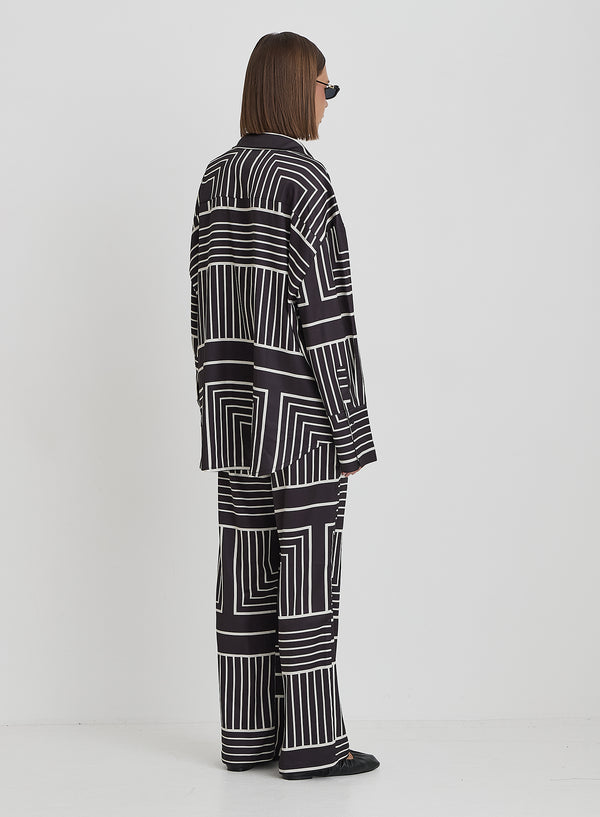 4th & Reckless Black And Cream Abstract Print Relaxed Satin Trouser- Kora