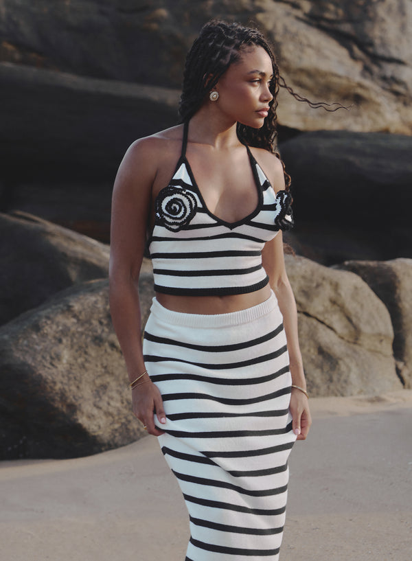 4th & Reckless Black And White Stripe Knit Corsage Halterneck Top- Rico