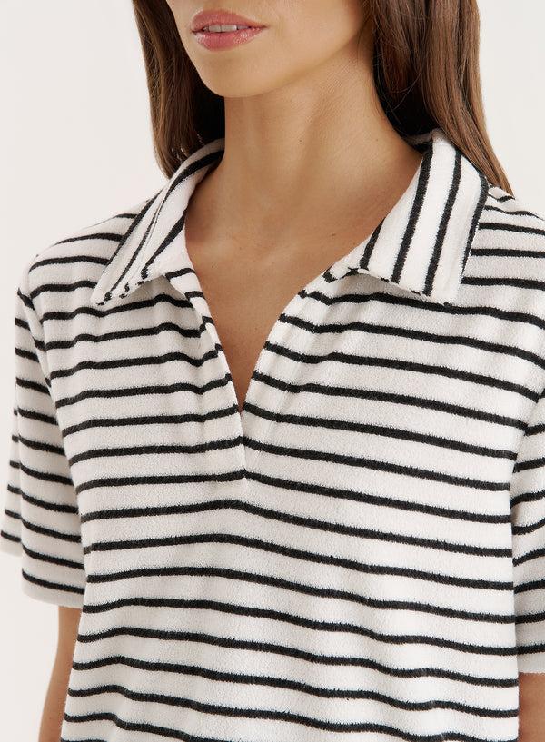 4th & Reckless Black And White Stripe Towelling Short Sleeve Polo Top- Zita