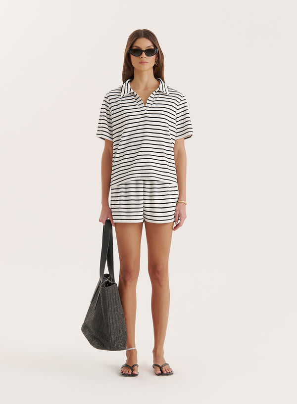 4th & Reckless Black And White Stripe Towelling Short Sleeve Polo Top- Zita