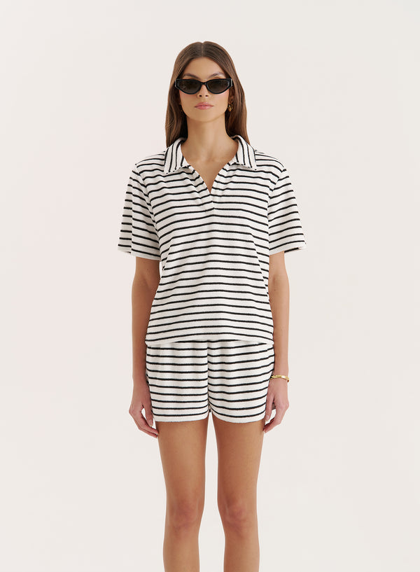 4th & reckless Black And White Stripe Towelling Short Sleeve Polo Top- Zita