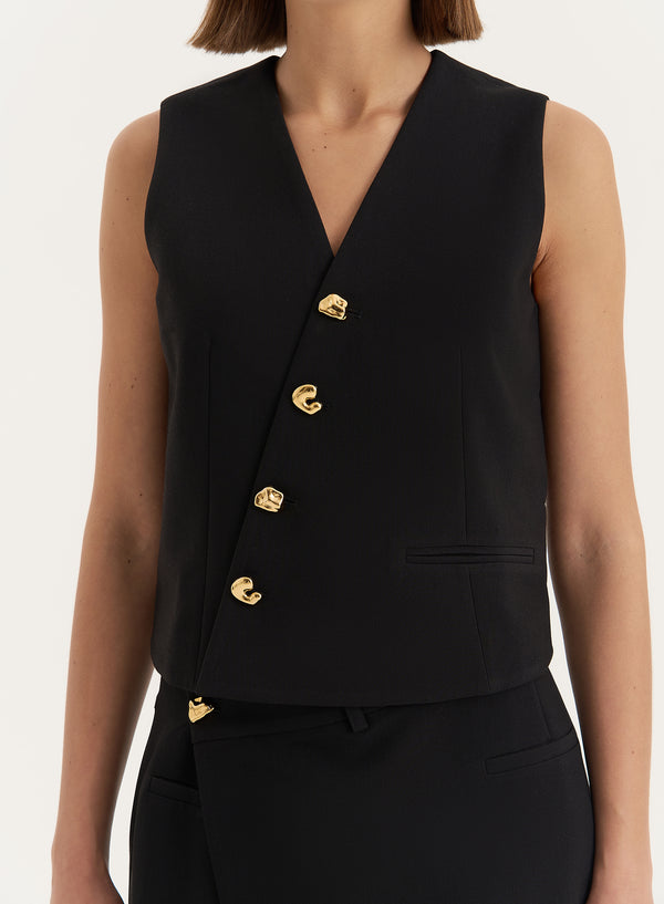 4th & Reckless Black Asymmetric Gold Button Front Waistcoat- Brie