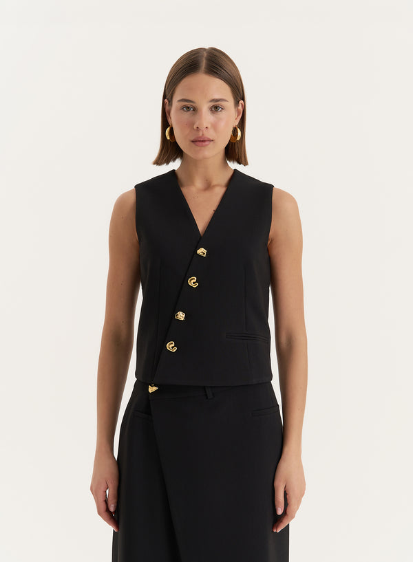 4th & reckless Black Asymmetric Gold Button Front Waistcoat- Brie