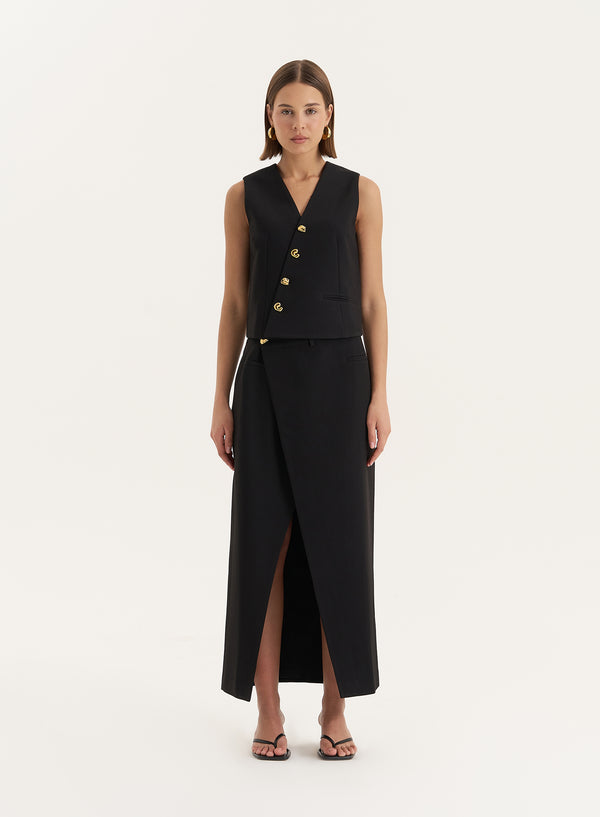4th & reckless Black Asymmetric Waist Side Split Maxi Skirt- Brie