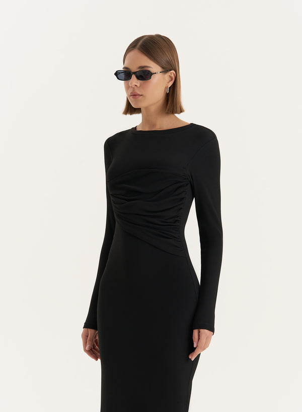 4th & Reckless Black Bust Detail Long Sleeve Maxi Dress- Xavier