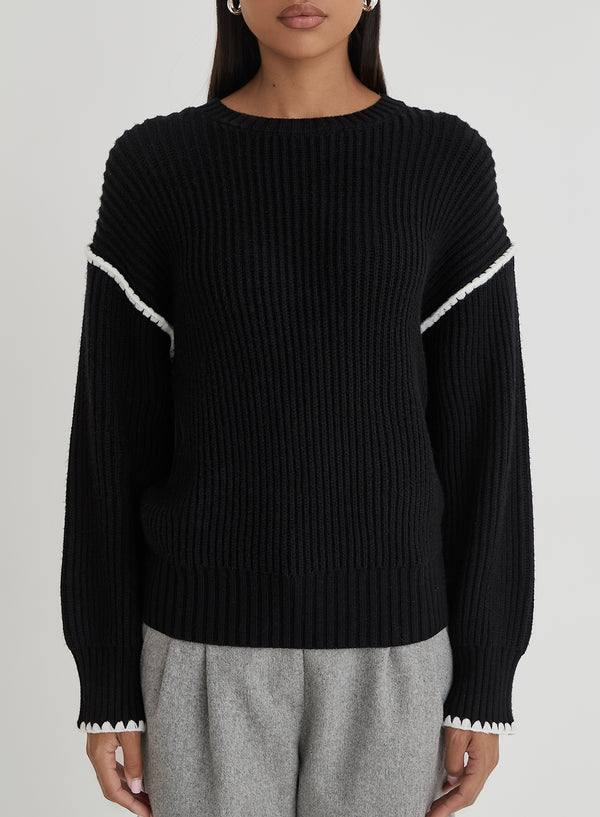 4th & Reckless Black Contrast Stitching Knit Jumper- Hollie