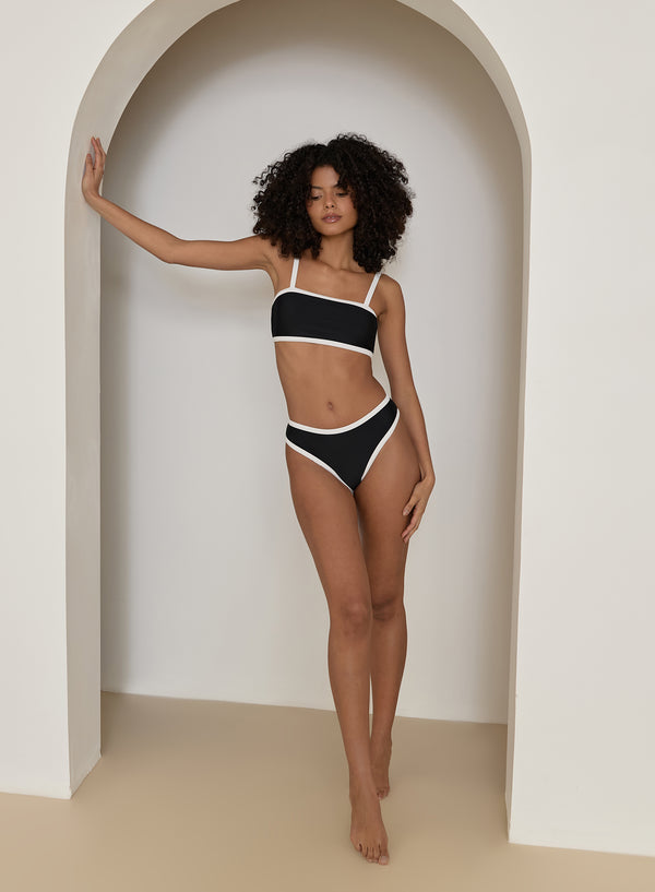 4th & Reckless Black Contrast Trim High Leg Bikini Bottom- Cabo