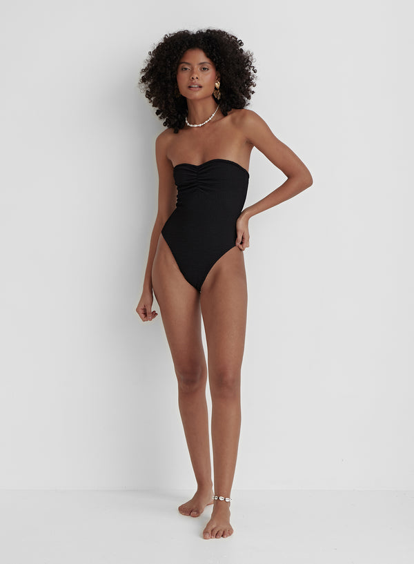 4th & Reckless Black Crinkle Ruched Front Bandeau Swimsuit- Sofia