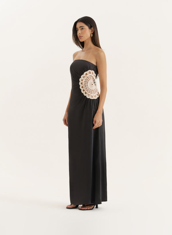 4th & Reckless Black Crochet Insert Satin Bandeau Dress- Cherry