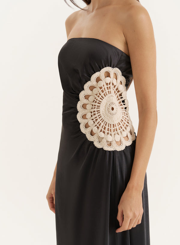 4th & Reckless Black Crochet Insert Satin Bandeau Dress- Cherry