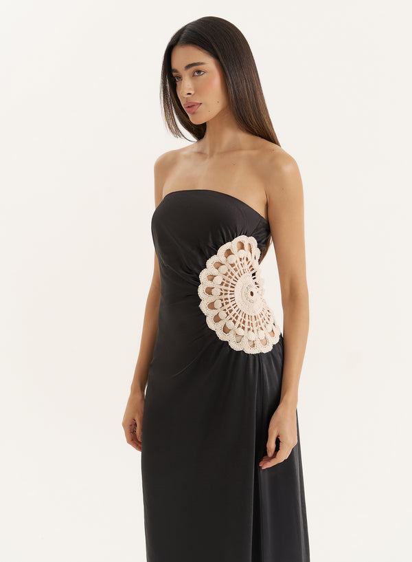 4th & Reckless Black Crochet Insert Satin Bandeau Dress- Cherry