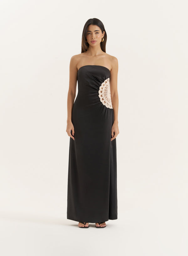 4th & reckless Black Crochet Insert Satin Bandeau Dress- Cherry