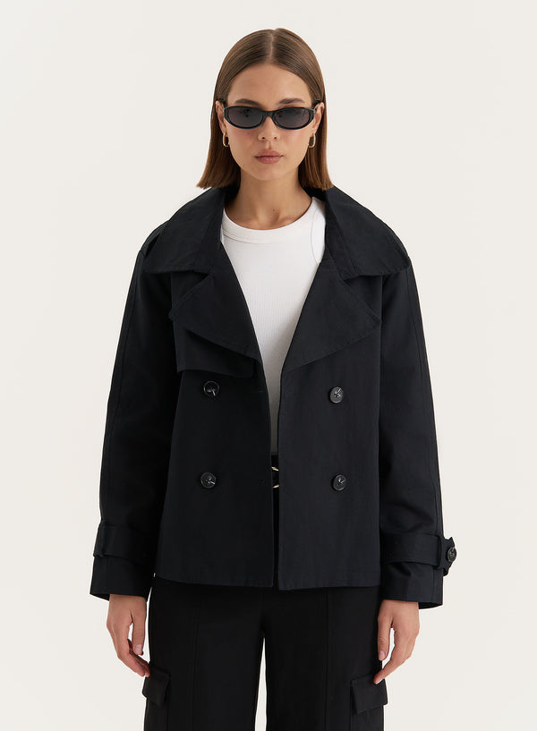 4th & reckless Black Cropped Oversized Trench Coat- Harlia