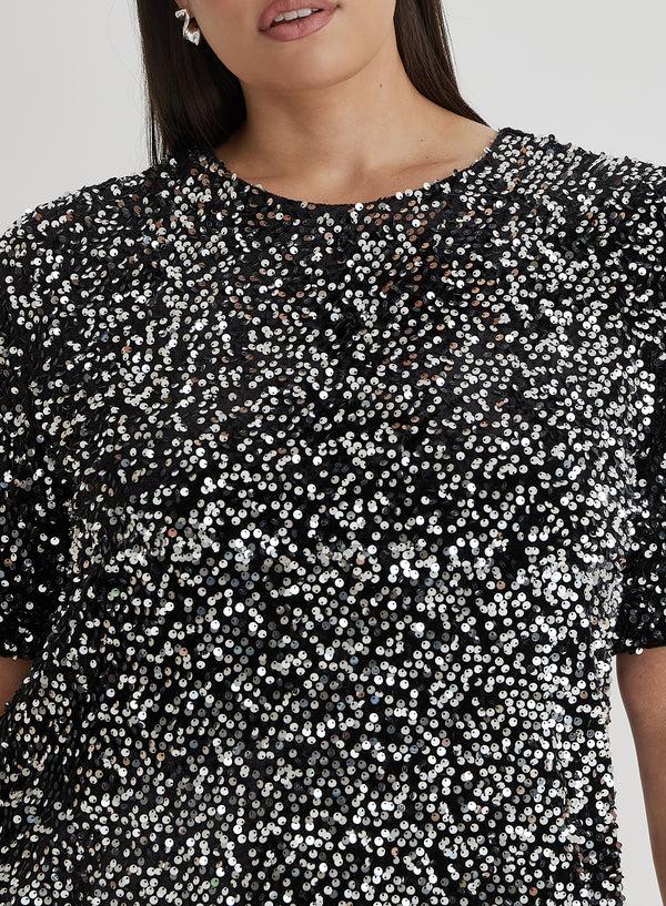 4th & Reckless Black Curve Open Back Sequin T-Shirt Dress- Marca