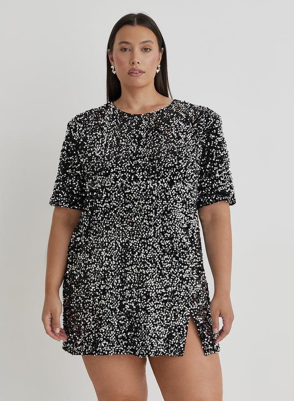 4th & reckless Black Curve Open Back Sequin T-Shirt Dress- Marca
