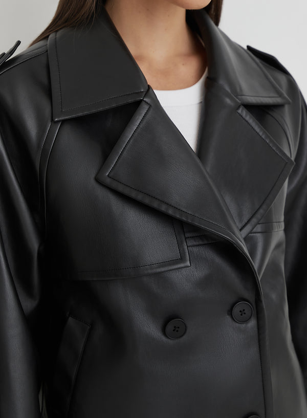 4th & Reckless Black Faux Leather Cropped Trench Coat- Dayna
