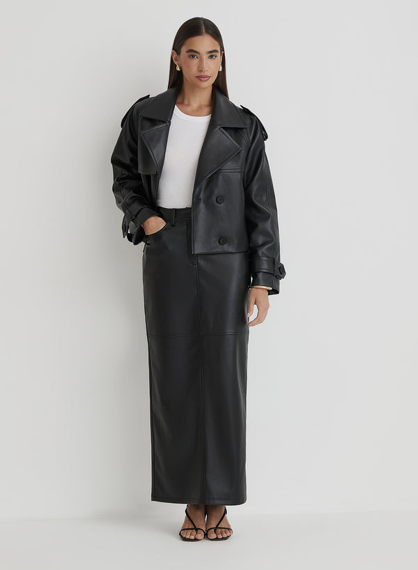 4th & Reckless Black Faux Leather Cropped Trench Coat- Dayna