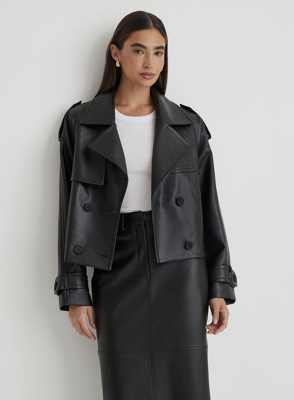 4th & reckless Black Faux Leather Cropped Trench Coat- Dayna