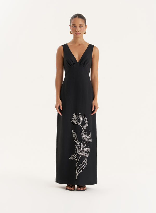 4th & reckless Black Floral Embroidered Maxi Dress- Simmi