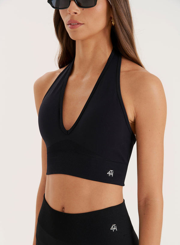 4th & Reckless Black Halter Neck Seamless Sports Bra- Sammie