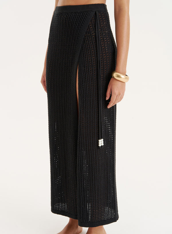 4th & Reckless Black Knitted Pearl Trim Tie Wrap Skirt- Celi