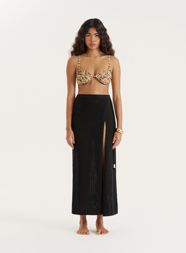 4th & reckless Black Knitted Pearl Trim Tie Wrap Skirt- Celi