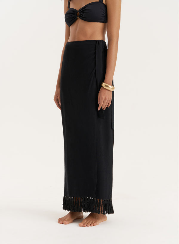 4th & Reckless Black Linen Blend Fringe Trim Maxi Skirt- Amey