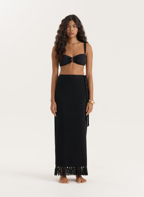4th & reckless Black Linen Blend Fringe Trim Maxi Skirt- Amey