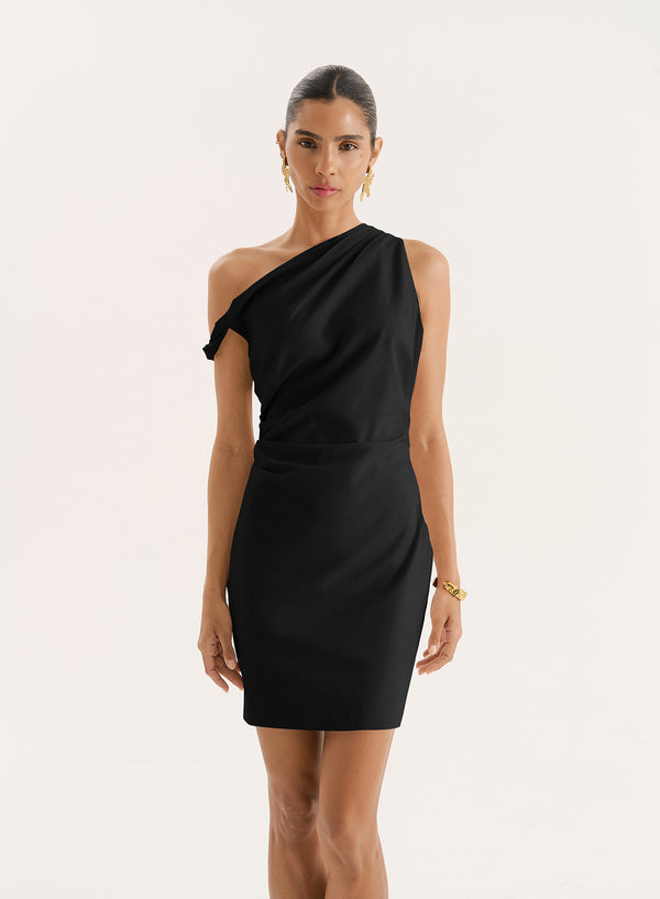 4th & Reckless Black Linen Blend One Shoulder Mini Dress- Joy