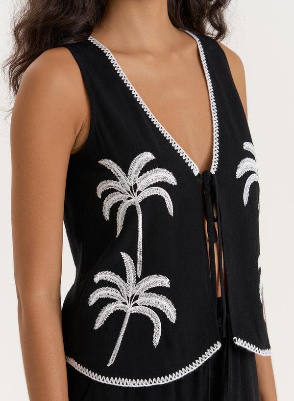 4th & Reckless Black Linen Blend Palm Embroidered Tie Waistcoat- Kenna