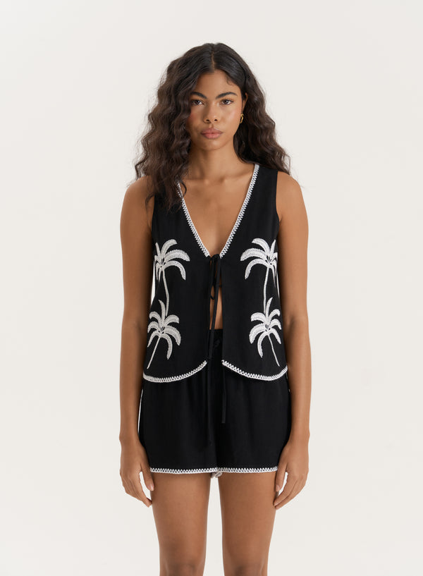 4th & reckless Black Linen Blend Palm Embroidered Tie Waistcoat- Kenna