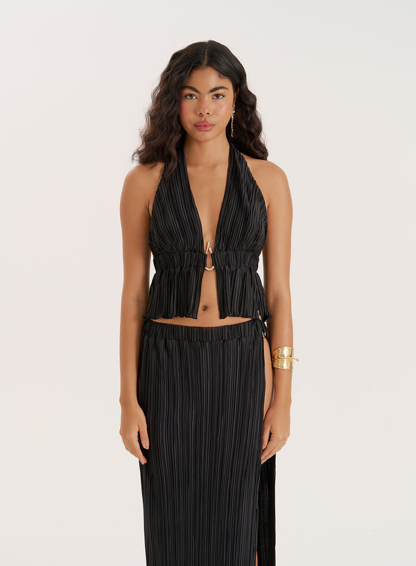 4th & reckless Black Plisse Halterneck Hardware Detail Top- Daisy