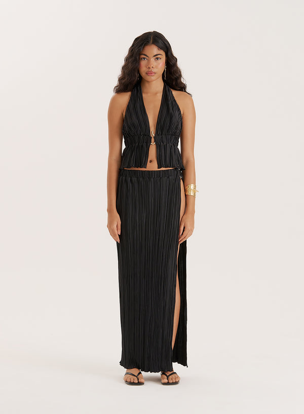 4th & reckless Black Plisse Thigh Split Hardware Detail Maxi Skirt- Daisy