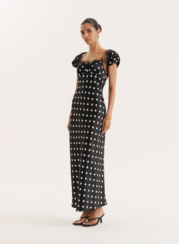 4th & Reckless Black Polka Dot Print Satin Slip Maxi Dress- Sana