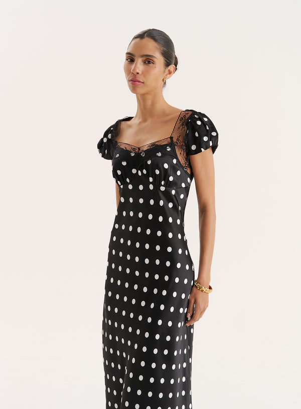 4th & Reckless Black Polka Dot Print Satin Slip Maxi Dress- Sana