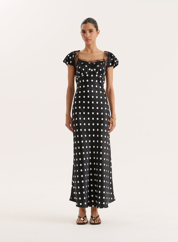 4th & reckless Black Polka Dot Print Satin Slip Maxi Dress- Sana